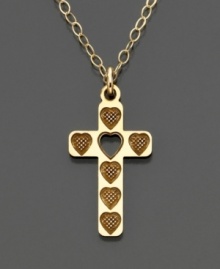 A lovely and meaningful children's gift, this heart design cross pendant is crafted of 14k gold. Chain measures 15 inches. A lovely and meaningful children's gift, this heart design cross pendant is crafted of 14k gold. Chain measures 15 inches.