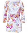 Flutter into spring style in Emilio Puccis butterfly print belted jersey top - Wide neckline, 3/4 sleeves, self-tie sash around the waist - Fitted - Pair with tailored trousers and bright pumps for a seamless transition from work to cocktails