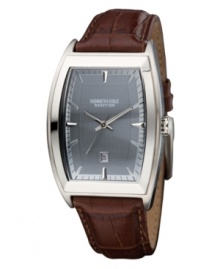 Dial style. This sleek grey dial features a stainless steel case, three-hand movement and date display. Finished with a handsome brown croc-embossed leather strap. Water resistant to 3 ATM. Limited-lifetime warranty. Dial style. This sleek grey dial features a stainless steel case, three-hand movement and date display. Finished with a handsome brown croc-embossed leather strap. Water resistant to 3 ATM. Limited-lifetime warranty.