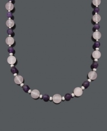 Polish your look with sheer pastels and a chic, feminine touch. Necklace features smooth rose quartz (300 ct. t.w.) and amethyst (90 ct. t.w.) beads set in sterling silver. Approximate length: 18 inches. Polish your look with sheer pastels and a chic, feminine touch. Necklace features smooth rose quartz (300 ct. t.w.) and amethyst (90 ct. t.w.) beads set in sterling silver. Approximate length: 18 inches.