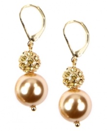 The warm tones of topaz and gold add a look of intrigue to these glass pearls and pave crystal balls. AK Anne Klein's leverback earrings are crafted in gold tone mixed metal. Approximate drop: 1 inches. The warm tones of topaz and gold add a look of intrigue to these glass pearls and pave crystal balls. AK Anne Klein's leverback earrings are crafted in gold tone mixed metal. Approximate drop: 1 inches.