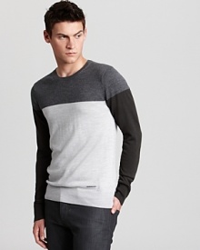 This handsome sweater modifies the color-block trend with a subdued palette for a modern classic. This handsome sweater modifies the color-block trend with a subdued palette for a modern classic.