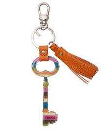 With a colorful striped key and bright orange tassel, this charming key fob from Fossil is a boho beautiful must-have. With a colorful striped key and bright orange tassel, this charming key fob from Fossil is a boho beautiful must-have.