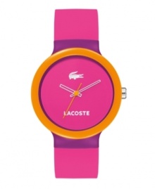 Get hypnotized by the bright neon lights of Lacoste. Unisex Goa watch crafted of pink with purple detail silicone strap and round purple plastic case with orange bezel. Pink dial features white iconic crocodile logo at twelve o'clock, white text logo at six o'clock, white cut-out hour and minute hand and orange second hand. Quartz movement. Water resistant to 30 meters. Two-year limited warranty.