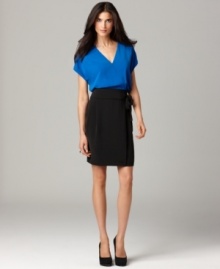 This colorblocked wrap-style DKNYC dress is perfect for everyday desk-to-dinner style -- add accessories to up the fashion factor! This colorblocked wrap-style DKNYC dress is perfect for everyday desk-to-dinner style -- add accessories to up the fashion factor!