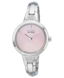 A charming pink dial blends with Swarovski shine on this bangle watch from Citizen. Built with Eco-Drive, harnessing natural and artificial light, never needing a battery. A charming pink dial blends with Swarovski shine on this bangle watch from Citizen. Built with Eco-Drive, harnessing natural and artificial light, never needing a battery.