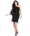 Evan Picone's petite dress features a flirty one-shoulder silhouette that looks amazing at all your evening occasions!