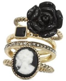 A cameo makes an appearance on this stackable ring from City by City. Crafted from gold-tone mixed metal, the ring also features a jet-colored rose and square stone for stylish touches. Size 6, 7, 8 and 9.