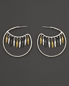 From Gurhan, a hammered white silver hoop earring with winking eye design featuring nine dangling beads in 24 Kt. yellow gold, white silver and dark silver. From Gurhan, a hammered white silver hoop earring with winking eye design featuring nine dangling beads in 24 Kt. yellow gold, white silver and dark silver.