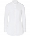 With its crisp cotton stretch and pristine petite collar, Brunello Cucinellis long sleeve shirt is a sleek choice for effortless everyday elegance - Petite mandarin-style collar, long sleeves, buttoned cuffs, hidden front button panel, shirttail hemline - Tailored fit - Wear with slim-fit separates, a luxe cashmere knit and ankle boots