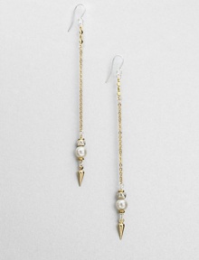 From the Mini Collection. Long golden chains with sterling silver stud tops and Swarovski pearl accents dangle delightfully and delicately.Glass pearlsSterling silver and goldplateDrop, about 5Ear wireMade in USA From the Mini Collection. Long golden chains with sterling silver stud tops and Swarovski pearl accents dangle delightfully and delicately.Glass pearlsSterling silver and goldplateDrop, about 5Ear wireMade in USA