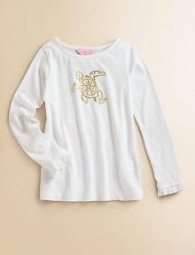 Long-sleeve crewneck with sparkly turtle print on the front, styled with feminine ruffle cuffs. Crewneck Sparkly turtle print Long sleeves with ruffle trim at cuffs Cotton/modal Machine wash Imported Long-sleeve crewneck with sparkly turtle print on the front, styled with feminine ruffle cuffs. Crewneck Sparkly turtle print Long sleeves with ruffle trim at cuffs Cotton/modal Machine wash Imported