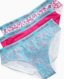 She can pick a pretty look to start her day with these comfy bikini briefs from Calvin Klein. She can pick a pretty look to start her day with these comfy bikini briefs from Calvin Klein.