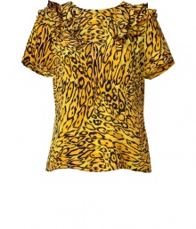 Work a wild edge into your wardrobe with Juicy Coutures tiger print silk top - Rounded neckline, short sleeves, ruffled shoulders, button-down back - Classic straight cut - Wear with chunky chain jewelry and jet black skinnies