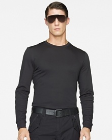 A trim-fitting long-sleeved crewneck transitions from a casual basic to a polished essential in sleek interlock cotton with supple Italian lambskin patches. A trim-fitting long-sleeved crewneck transitions from a casual basic to a polished essential in sleek interlock cotton with supple Italian lambskin patches.