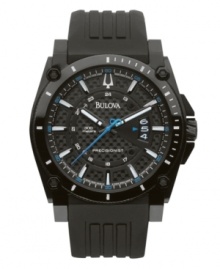 Heavy duty design for extreme function and accuracy, by Bulova. Part of the Precisionist collection, watch keeps time accurate to ten seconds a year. Round black-plated stainless steel case and black rubber strap. Black lugs at four corners of crown. Carbon dial with applied index features silvertone stick indices, date window at three o'clock, luminous hour and minute hands, blue continuously sweeping second hand and logo. Quartz movement. Water resistant to 300 meters. Three-year limited warranty. Heavy duty design for extreme function and accuracy, by Bulova. Part of the Precisionist collection, watch keeps time accurate to ten seconds a year. Round black-plated stainless steel case and black rubber strap. Black lugs at four corners of crown. Carbon dial with applied index features silvertone stick indices, date window at three o'clock, luminous hour and minute hands, blue continuously sweeping second hand and logo. Quartz movement. Water resistant to 300 meters. Three-year limited warranty.