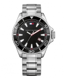 Iconic Tommy Hilfiger colors accent this sleek sport watch. Silver tone mixed metal bracelet and round case. Black bezel with white numerals. Black dial features white stick indices, date window at four o'clock, red and black hands and logo at twelve o'clock. Quartz movement. Water resistant to 30 meters. Ten-year limited warranty.