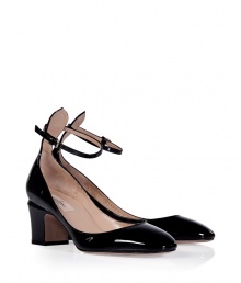 With their flawless black patent leather and sweet rounded toe, Valentinos modern cut chunky heel pumps count as a wear-everywhere must - Rounded toe, buckled ankle strap, low-cut sides, blocky heel - Pair with everything from feminine cocktail dresses to sleek ankle trousers