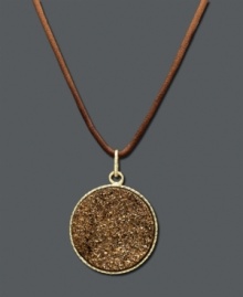 Rich design featuring warm, earthy hues. This naturally appealing necklace features a 14k gold setting and bail with a sparkling bronze drusy decoration at center. Pendant suspended from a brown knotted cord. Approximate length: 20 inches. Approximate drop: 1-1/5 inches. Rich design featuring warm, earthy hues. This naturally appealing necklace features a 14k gold setting and bail with a sparkling bronze drusy decoration at center. Pendant suspended from a brown knotted cord. Approximate length: 20 inches. Approximate drop: 1-1/5 inches.