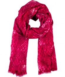Punctuate your cool weather wardrobe with statement-making accessories like this fuchsia Marc by Marc Jacobs wool scarf - Chic, all-over dragon scale print - Moderately long and wide, with delicate fringe trim at hem - An ideal complement to streamlined ensembles - Pair with everything from a pullover and jeans or a knit dress and leather jacket to a trench and cigarette trousers Punctuate your cool weather wardrobe with statement-making accessories like this fuchsia Marc by Marc Jacobs wool scarf - Chic, all-over dragon scale print - Moderately long and wide, with delicate fringe trim at hem - An ideal complement to streamlined ensembles - Pair with everything from a pullover and jeans or a knit dress and leather jacket to a trench and cigarette trousers