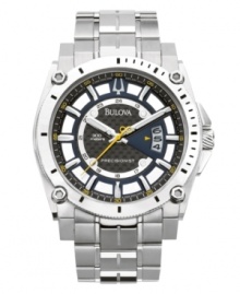 Utilitarian design to get the job done right, by Bulova. This Precisionist collection watch features a continuously sweeping second hand to keep time accurate to ten seconds a year. Round stainless steel case and bracelet. Lugs at four corners of bezel. Carbon dial with applied index features luminous hour and minute hands, yellow second hand, silvertone stick indices, date window at three o'clock and logo. Quartz movmement. Water resistant to 300 meters. Three-year limited warranty.