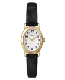 A timeless, easy-to-read design by Timex. Watch crafted of black leather strap and oval-shaped gold tone mixed metal case. White dial features black numerals at markers, three gold tone hands, and logo. Quartz movement. One-year limited warranty. A timeless, easy-to-read design by Timex. Watch crafted of black leather strap and oval-shaped gold tone mixed metal case. White dial features black numerals at markers, three gold tone hands, and logo. Quartz movement. One-year limited warranty.