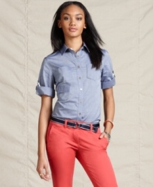 Ship shape: Chambray fabric and rope roll tabs combine for nautical-inspired style from Tommy Hilfiger. Pair this shirt with vibrant chinos for the ultimate in preppy panache.