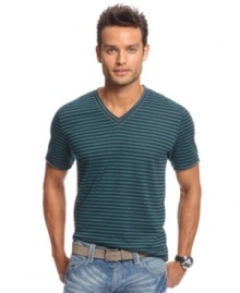 Complement your best denim with this v-neck striped t-shirt from INC International Concepts. Simple, cool and classic. Complement your best denim with this v-neck striped t-shirt from INC International Concepts. Simple, cool and classic.