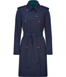 Easy elegance couples with a subtle pop of vibrant color in M Missonis navy trench - Classically slim cut, double-breasted style hits above the knee - Two rows of brown buttons and  waist-cinching wrap belt  - Epaulets, oversize slash pockets, rain flap and small collar with colorful contrast interior lining - Versatile and polished, perfect for pairing with everything from jeans to a cocktail dress