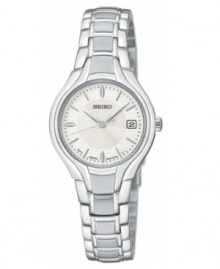 Smooth, classic and always in style. This Seiko watch features a brushed and polished stainless steel bracelet and round dial. Silvertone dial with logo, date window and silvertone stick indices. Analog movement. Water resistant to 30 meters. Three-year limited warranty. Smooth, classic and always in style. This Seiko watch features a brushed and polished stainless steel bracelet and round dial. Silvertone dial with logo, date window and silvertone stick indices. Analog movement. Water resistant to 30 meters. Three-year limited warranty.