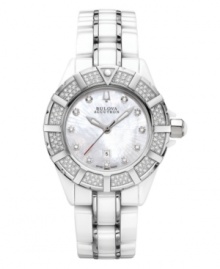 Indulge in the exquisite craftsmanship of this Mirador collection watch by Bulova Accutron. White ceramic and stainless steel bracelet and round case with curved sapphire crystal. Bezel and mother-of-pearl dial feature 139 hand-set diamond accents. Dial also features date window at six o'clock, logo at twelve o'clock and three silver tone hands. Swiss quartz movement. Water resistant to 50 meters. Five-year warranty. Indulge in the exquisite craftsmanship of this Mirador collection watch by Bulova Accutron. White ceramic and stainless steel bracelet and round case with curved sapphire crystal. Bezel and mother-of-pearl dial feature 139 hand-set diamond accents. Dial also features date window at six o'clock, logo at twelve o'clock and three silver tone hands. Swiss quartz movement. Water resistant to 50 meters. Five-year warranty.