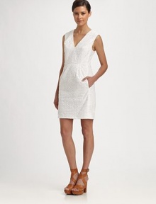 Airy cotton eyelet, pleated and tucked in a shapely V-neck shift.V necklineSleevelessHigh waistPleats below waistSide zipperAbout 20 from natural waistCottonDry cleanImportedModel shown is 5'9½ (176cm) wearing US size 4. Airy cotton eyelet, pleated and tucked in a shapely V-neck shift.V necklineSleevelessHigh waistPleats below waistSide zipperAbout 20 from natural waistCottonDry cleanImportedModel shown is 5'9½ (176cm) wearing US size 4.