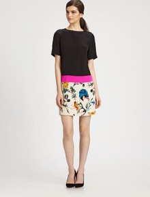 Exquisite silk go-to sweetened by a contrasting drop waist and retro floral-print skirt. BoatneckShort sleevesBanded drop waistBack keyhole closureFully linedAbout 21 from natural waistSilkDry cleanImportedModel shown is 5'10 (177cm) wearing US size 2.