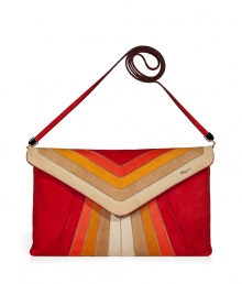 Luxe clutch in supple red and orange suede - Elegant, rectangular clutch style with envelope flap - Fashionable multicolor stripe motif - Slim, detachable shoulder strap takes the bag from day to evening - Interior zip pocket and magnetic closure - Sophisticated, sexy and on-trend - Pair with a cocktail dress or tuxedo suit Luxe clutch in supple red and orange suede - Elegant, rectangular clutch style with envelope flap - Fashionable multicolor stripe motif - Slim, detachable shoulder strap takes the bag from day to evening - Interior zip pocket and magnetic closure - Sophisticated, sexy and on-trend - Pair with a cocktail dress or tuxedo suit