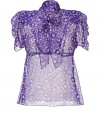 Delicate blouse of pure, sheer silk features a floral pattern in regale purple and cream - Design boasts a high collar with a wide, loose bow at neck, ruffled sleeves and flattering darts at back - Pair with skinny jeans, flats and a structured tote, or with a pencil skirt, blazer and heels for the office