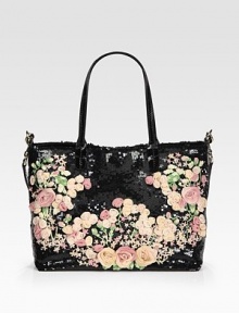 Glittering sequins and chiffon rosettes lend a touch of romance to this chic top handle silhouette.Patent leather double top handles, 7¼ dropDetachable shoulder strap, 13¾ dropTop snap closureOne inside zip pocketTwo inside open pocketsLeather/canvas lining11¾W X 10H X 3½DMade in Italy Glittering sequins and chiffon rosettes lend a touch of romance to this chic top handle silhouette.Patent leather double top handles, 7¼ dropDetachable shoulder strap, 13¾ dropTop snap closureOne inside zip pocketTwo inside open pocketsLeather/canvas lining11¾W X 10H X 3½DMade in Italy