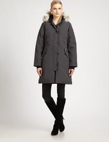 Featuring military-inspired buttons and natural coyote-fur trim, this parka with a fleece-lined hood is a must-have on a snowy trail or when strolling through the city. Attached hoodRibbed-knit cuffsHand-warmer pocketsSlim fitAbout 38 from shoulder to hemFully lined85% polyester/15% cottonFill: 625-fill power white-duck feathersDry cleanImportedFur origin: Canada Model shown is 5'11 (180cm) wearing US size Small. 