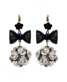 Bring a little Studio 54 flavor to the table with chic disco ball-inspired earrings. Flashy crystal fireballs dangle from bold, black ribbon and flower drops. Betsey Johnson earrings crafted in antique gold tone mixed metal. Approximate drop: 1-1/2 inches. Bring a little Studio 54 flavor to the table with chic disco ball-inspired earrings. Flashy crystal fireballs dangle from bold, black ribbon and flower drops. Betsey Johnson earrings crafted in antique gold tone mixed metal. Approximate drop: 1-1/2 inches.