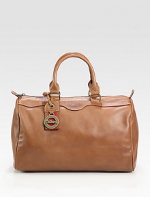 Buttery-smooth cowhide leather adds a touch of classic luxury to this roomy, structured bag.Double top handles, 3¾ drop Top zip closure Protective metal feet One inside zip pocket Logo-print nylon lining 12½W X 7½H X 5D Imported