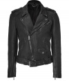 Tough goes luxe with this urban-cool update of the classic leather moto jacket from British heritage brand Belstaff - Spread snapped collar, long sleeves, zippered cuffs, epaulettes, asymmetric zip closure, zippered slit pockets, belted waist - Slim fit - Style with jeans, a tee, and motorcycle boots