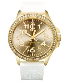A sparkling ring of accents surrounds a golden case on this Jetsetter watch from Juicy Couture. A sparkling ring of accents surrounds a golden case on this Jetsetter watch from Juicy Couture.