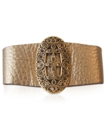 The right cuff. This bracelet from Lucky Brand is crafted from gold-tone mixed metal with a plaque at the center offset with glass accents. Leather gives this bracelet the right amount of edge. Approximate diameter: 2-1/2 inches.