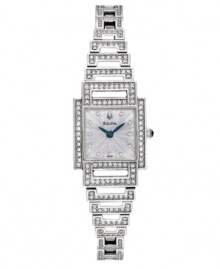 Outshine the brightest stars with this glittering watch by Bulova. Stainless steel bracelet and square case embellished with crystal accents. Stamped silver tone dial features crystal accent markers, two royal blue hands and logo at twelve o'clock. Quartz movement. Water resistant to 30 meters. Three-year limited warranty.