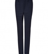 A smart pair of slim dress trousers are an essential in any wardrobe, and PS by Paul Smiths midnight blue wool pants are a modern must - Contemporary cut is slim, with flattering, leg-elongating crease detail and a subtle check pattern - Tab waist with belt loops and zip fly - Slash pockets at sides, welt pockets at rear - Polished and elegant, perfect for pairing with a button down and blazer, a cashmere pullover or a t-shirt and leather jacket