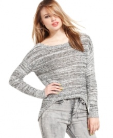 Material Girl's sweater is bold with a low scoop neckline at the back, a high-low hem and sequined shimmer throughout. Material Girl's sweater is bold with a low scoop neckline at the back, a high-low hem and sequined shimmer throughout.