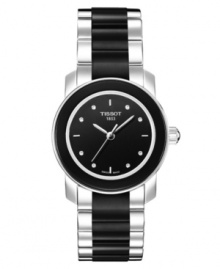 Take a risk with the elegant style of this Tissot timepiece. Cera collection watch crafted of stainless steel and black ceramic bracelet and round case. Black dial features silver tone applied stick indices, three hands and logo. Swiss quartz movement. Water resistant to 30 meters. Two-year limited warranty. Take a risk with the elegant style of this Tissot timepiece. Cera collection watch crafted of stainless steel and black ceramic bracelet and round case. Black dial features silver tone applied stick indices, three hands and logo. Swiss quartz movement. Water resistant to 30 meters. Two-year limited warranty.