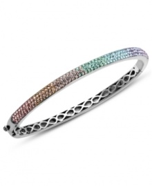 Slim, stackable style. Kaleidoscope's thin shimmering bangle makes a statement all its own, but can also be stacked with similar styles for a trendy layered look. Features a rainbow of round-cut light blue, light green, peach, beige, light pink, light purple and purple crystals with Swarovski Elements. Set in sterling silver. Bracelet features a hinge clasp. Approximate diameter: 2-1/2 inches.