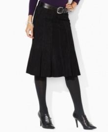 A flawless blend of urban-chic style and rustic sensibility, this skirt from Lauren by Ralph Lauren is crafted in soft, sumptuous suede with a swingy, flared hem. A flawless blend of urban-chic style and rustic sensibility, this skirt from Lauren by Ralph Lauren is crafted in soft, sumptuous suede with a swingy, flared hem.