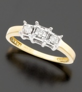 Celebrate a special occasion with this three-stone diamond ring. Three princess-cut diamonds (1/4 ct t.w.) set in the warm luster of rich 14K gold convey classic elegance.