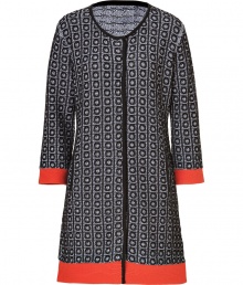 With a chic mix of pattern and colorblock, Steffen Schrauts jacquard woven coat is a contemporary way to dress up workweek looks - Collarless, long sleeves, blood orange cuffs and trim, side slit pockets, hidden front closures - Loosely tailored fit - Wear over a sheath dress with pin heels and a leather tote